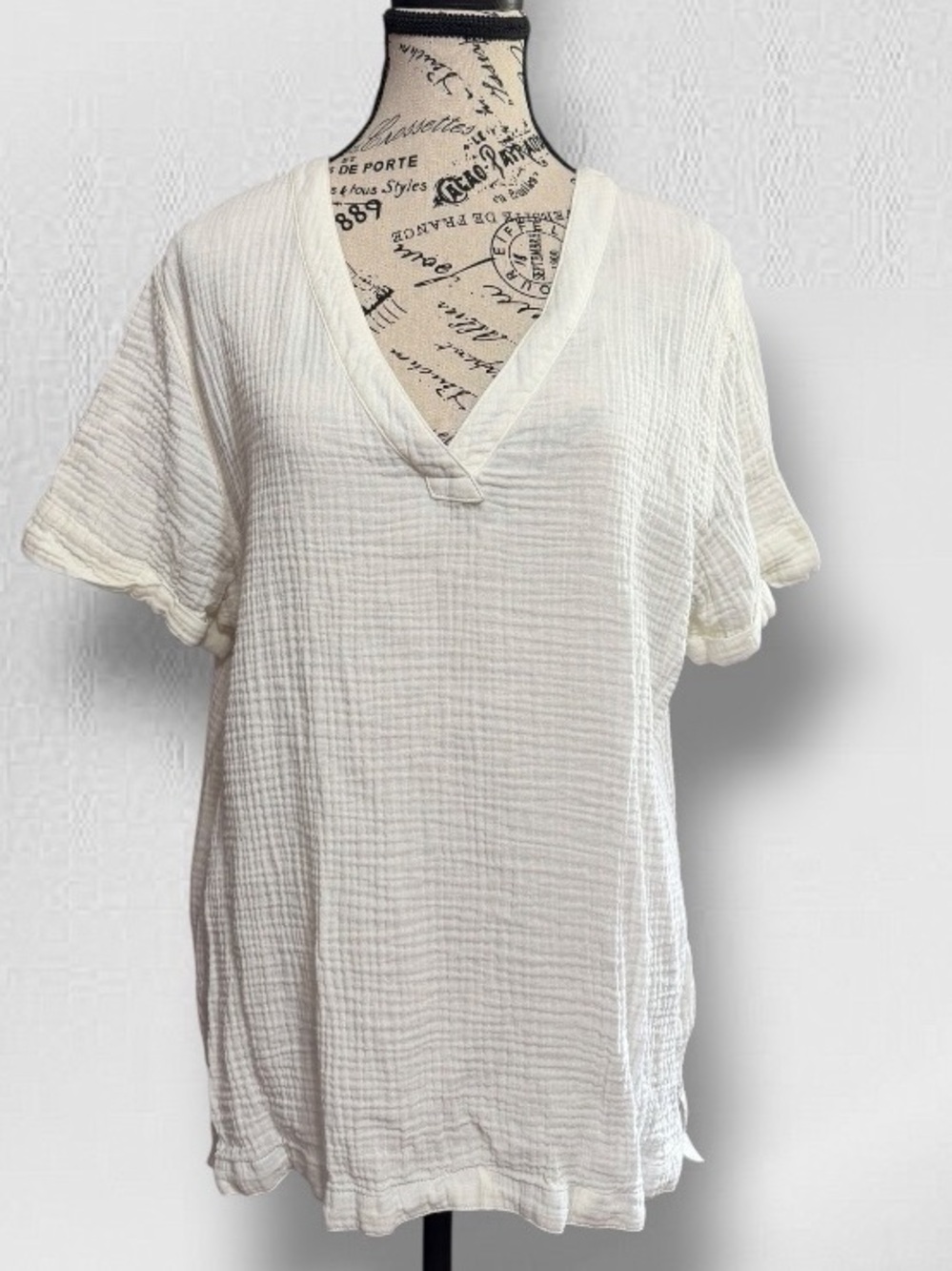Carbon2Cobalt Cream Gauze V-Neck Short Sleeve Top